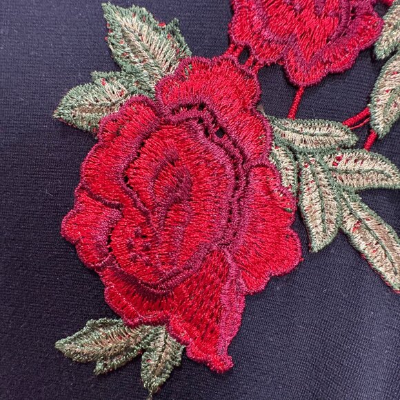 Collections Etc Black Dress Embroidered Red Roses Floral Med Slinky Stretch VTG - Picture 2 of 9